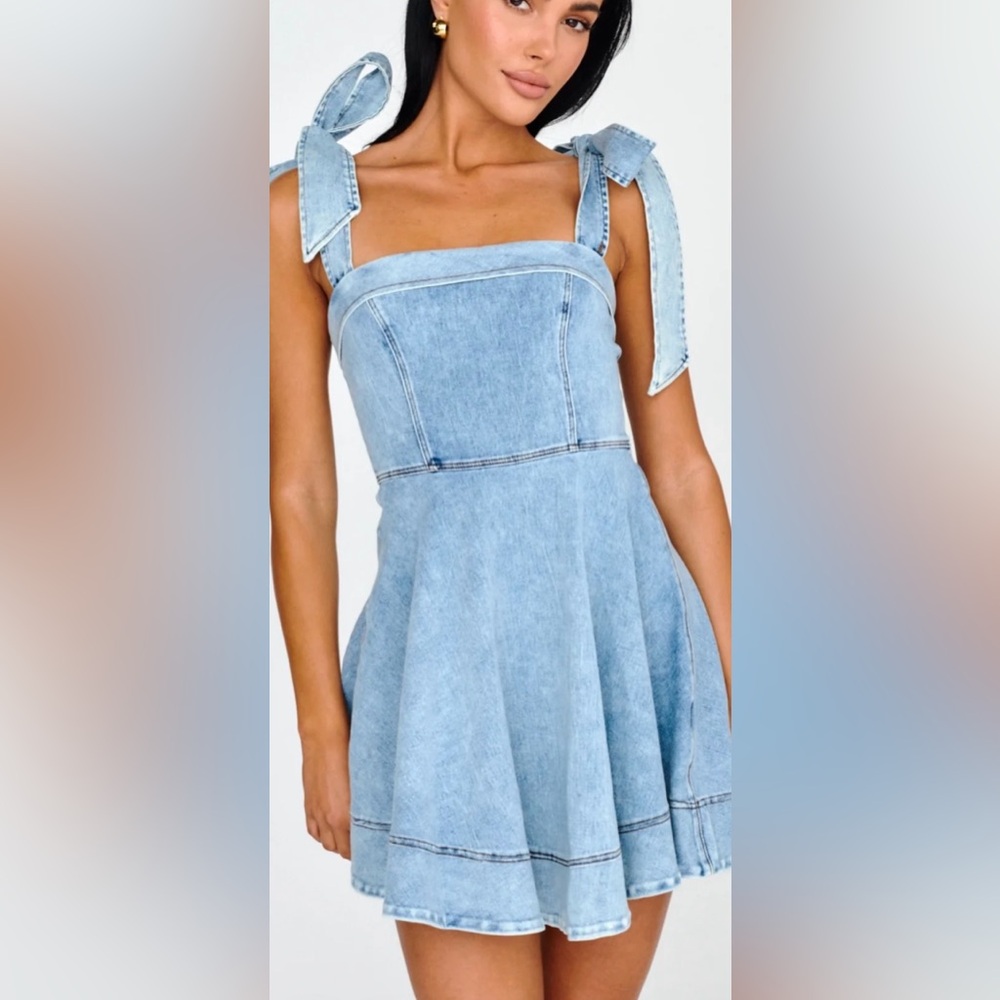 Light Blue Denim Bow Strap Mini Dress